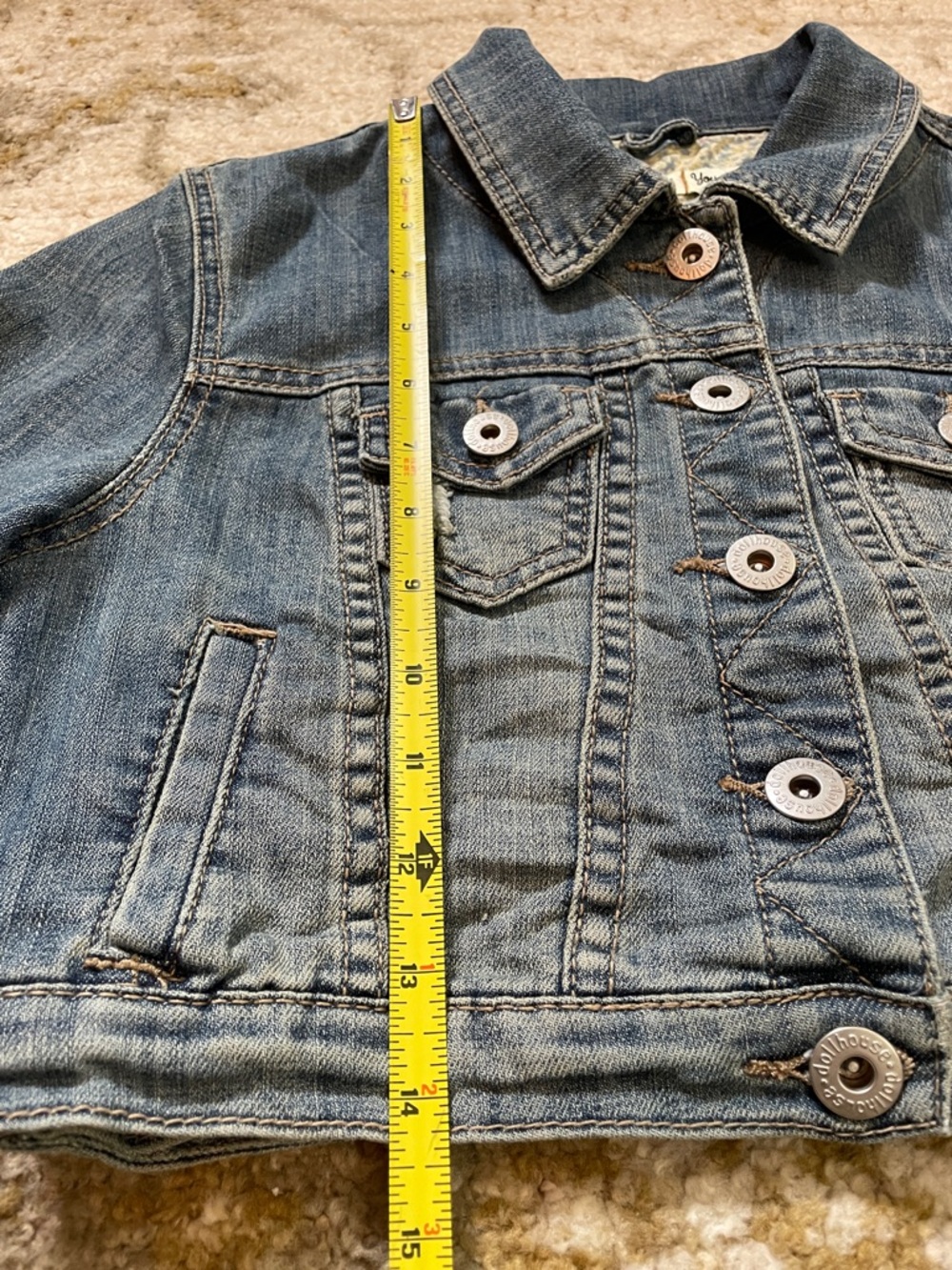 Upcycled Dollhouse Cropped Distressed Denim Jacket with Bird Hmong embroidery M - Picture 8 of 15